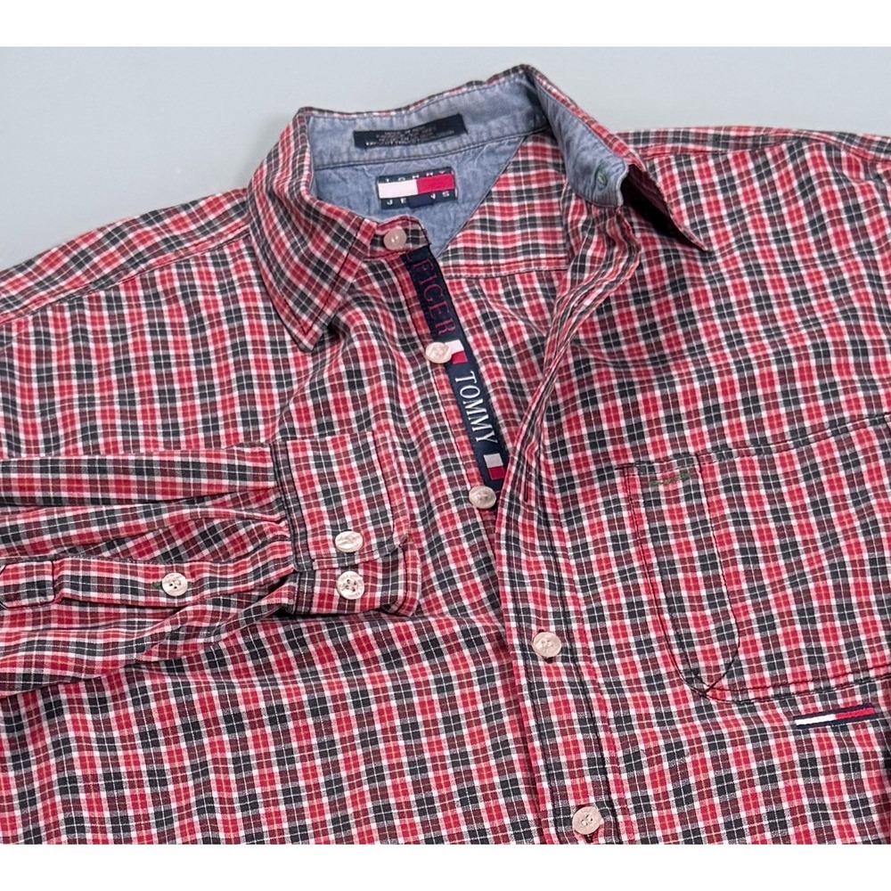 VTG 90s Tommy Jeans Mens Medium Plaid Button Up Shirt Red Blue White Cotton